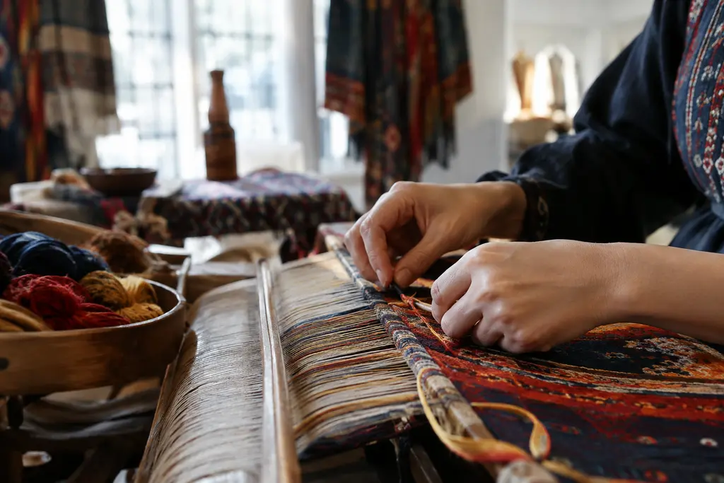 Textile Alchemy craft display with layered fabric samples and tools in a museum setting